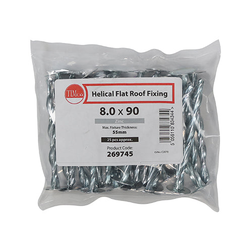 This is an image of Timco - Helical Flat Roof Fixing - Zinc 8.0 x 90mm (25 Pieces Bag) 269745