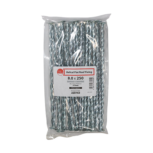 This is an image of Timco - Helical Flat Roof Fixing - Zinc 8.0 x 250mm (25 Pieces Bag) 269763
