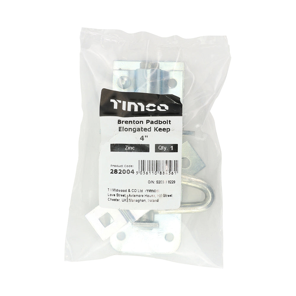 This is an image of Timco - Brenton Padbolt Elongated Keep - Zinc 4" (1 Each Bag) 282004