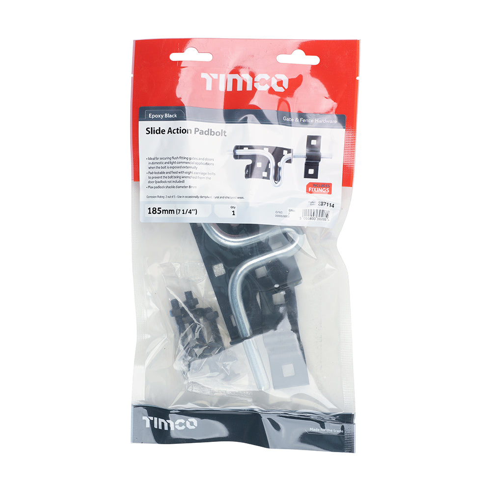 This is an image of Timco - Slide Action Padbolt - Black 7 5/16" (1 Each TIMbag) 287114