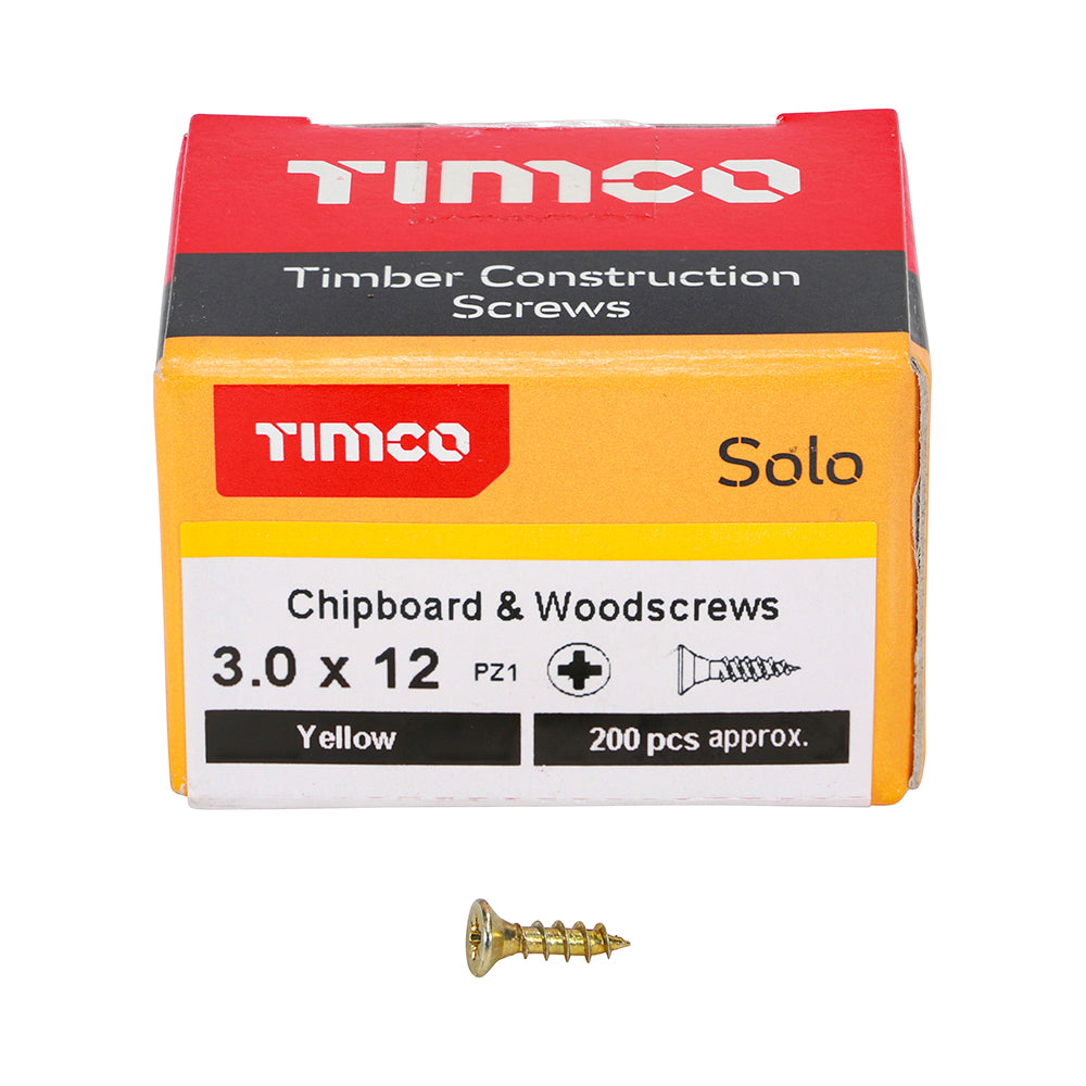 This is an image of Timco - Solo Chipboard & Woodscrews - PZ - Double Countersunk - Yellow 3.0 x 12mm - (200 PCS Box) 30012SOLOC