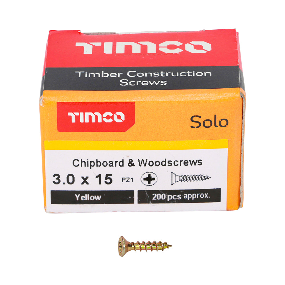 This is an image of Timco - Solo Chipboard & Woodscrews - PZ - Double Countersunk - Yellow 3.0 x 15mm - (200 PCS Box) 30015SOLOC