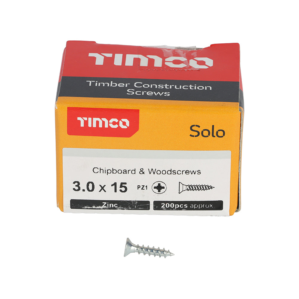 This is an image of Timco - Solo Chipboard & Woodscrews - PZ - Double Countersunk - Zinc 3.0 x 15mm - (200 PCS Box) 30015SOLOZ