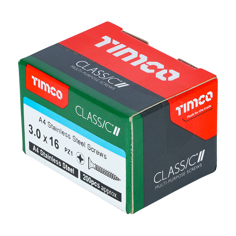 This is an image of Timco - Classic Multi-Purpose Screws - PZ - Double Countersunk - A4 Stainless Steel 3.0 x 16mm - (200 PCS Box) 30016CLA4