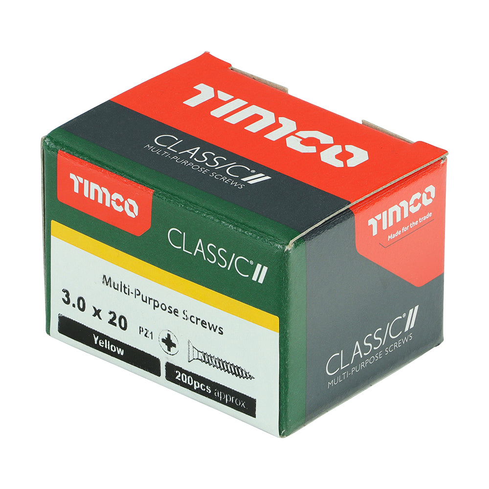 This is an image of Timco - Classic Multi-Purpose Screws - PZ - Double Countersunk - Yellow 3.0 x 20mm - (200 PCS Box) 30020CLAF