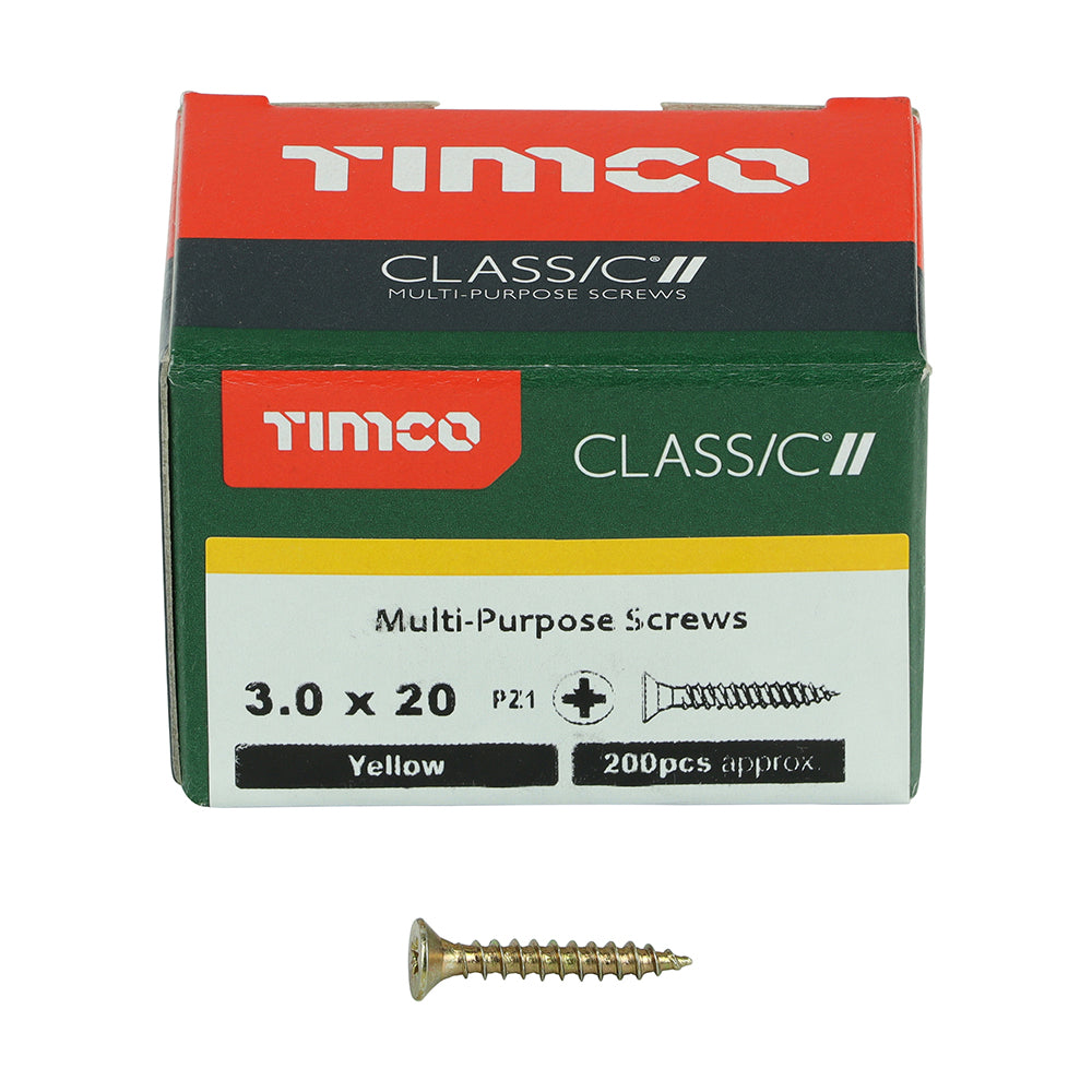 This is an image of Timco - Classic Multi-Purpose Screws - PZ - Double Countersunk - Yellow 3.0 x 20mm - (200 PCS Box) 30020CLAF