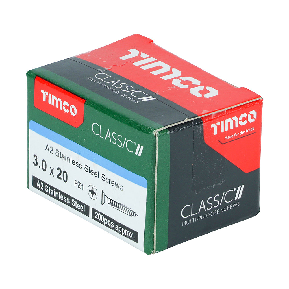 This is an image of Timco - Classic Multi-Purpose Screws - PZ - Double Countersunk - A2 Stainless Steel 3.0 x 20mm - (200 PCS Box) 30020CLASS
