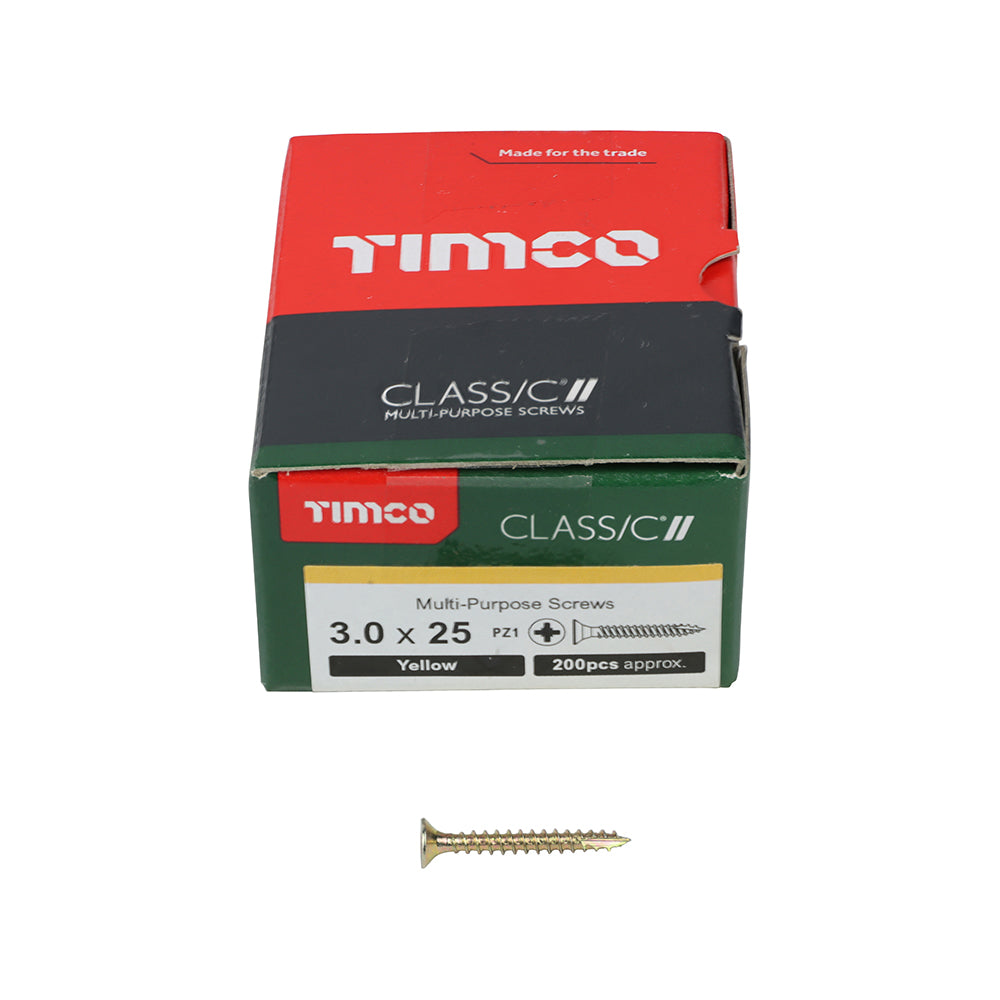 This is an image of Timco - Classic Multi-Purpose Screws - PZ - Double Countersunk - Yellow 3.0 x 25mm - (200 PCS Box) 30025CLAF