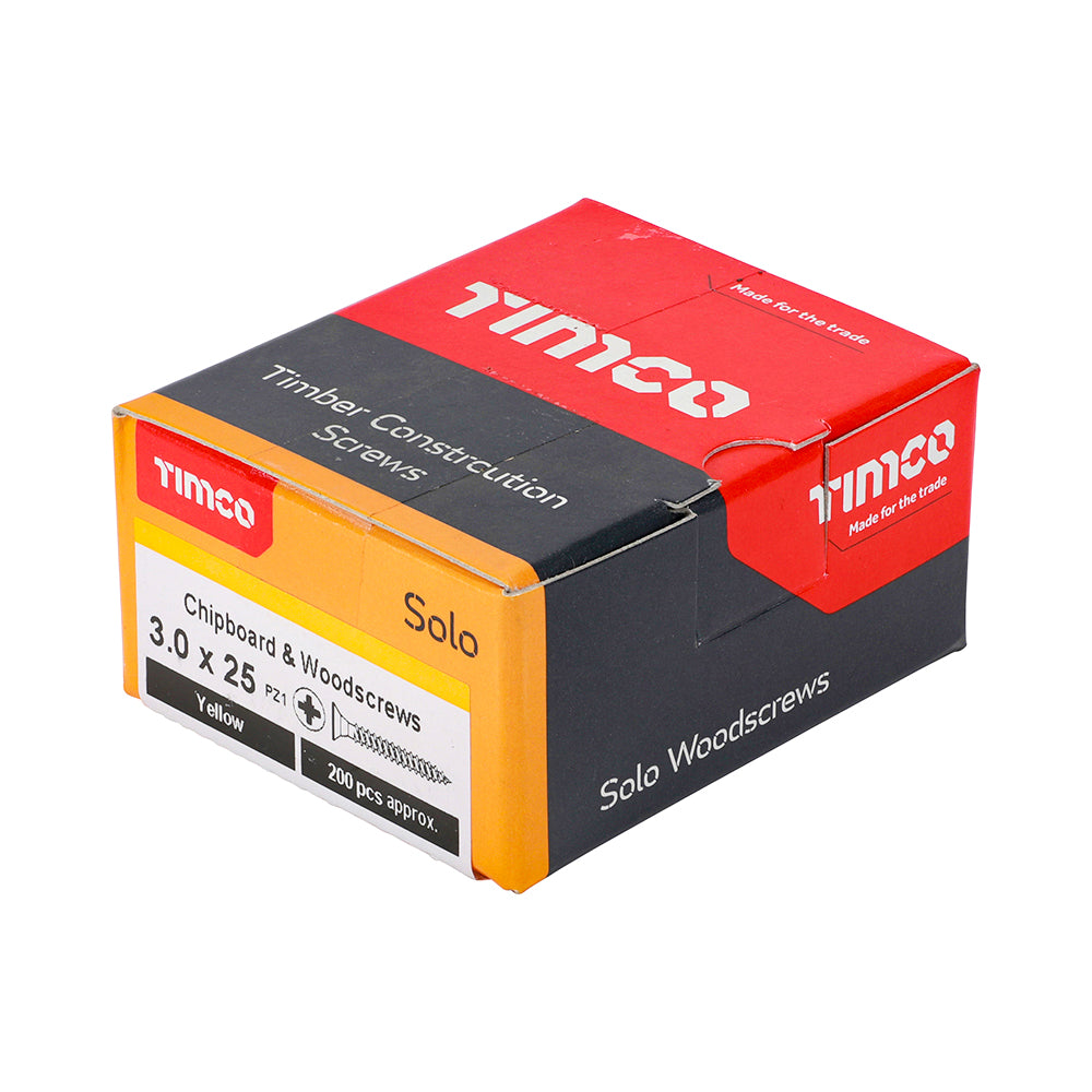This is an image of Timco - Solo Chipboard & Woodscrews - PZ - Double Countersunk - Yellow 3.0 x 25mm - (200 PCS Box) 30025SOLOC