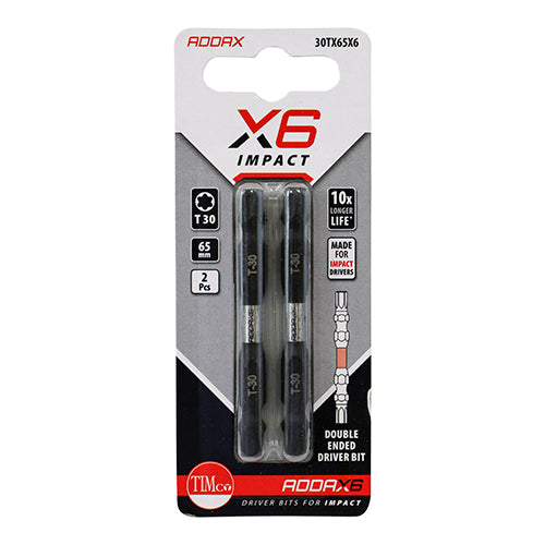 This is an image of Timco - Impact Driver Bits - TX - Double Ended TX30 x 65 (2 Pieces Blister Pack) 30TX65X6