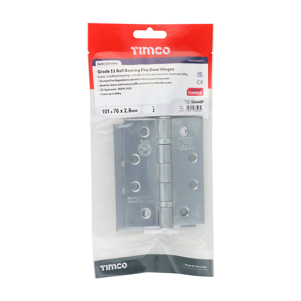 This is an image of Timco - Grade 11 Ball Bearing Fire Door Hinges - Satin Chrome 101 x 76 x 2.6 (1 Pairs TIMbag) 334040P