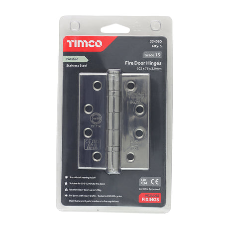 This is an image of Timco - Grade 13 Fire Door Hinges - Polished Stainless Steel 101 x 76 x 3 (1.5 Pairs Blister Pack) 334080