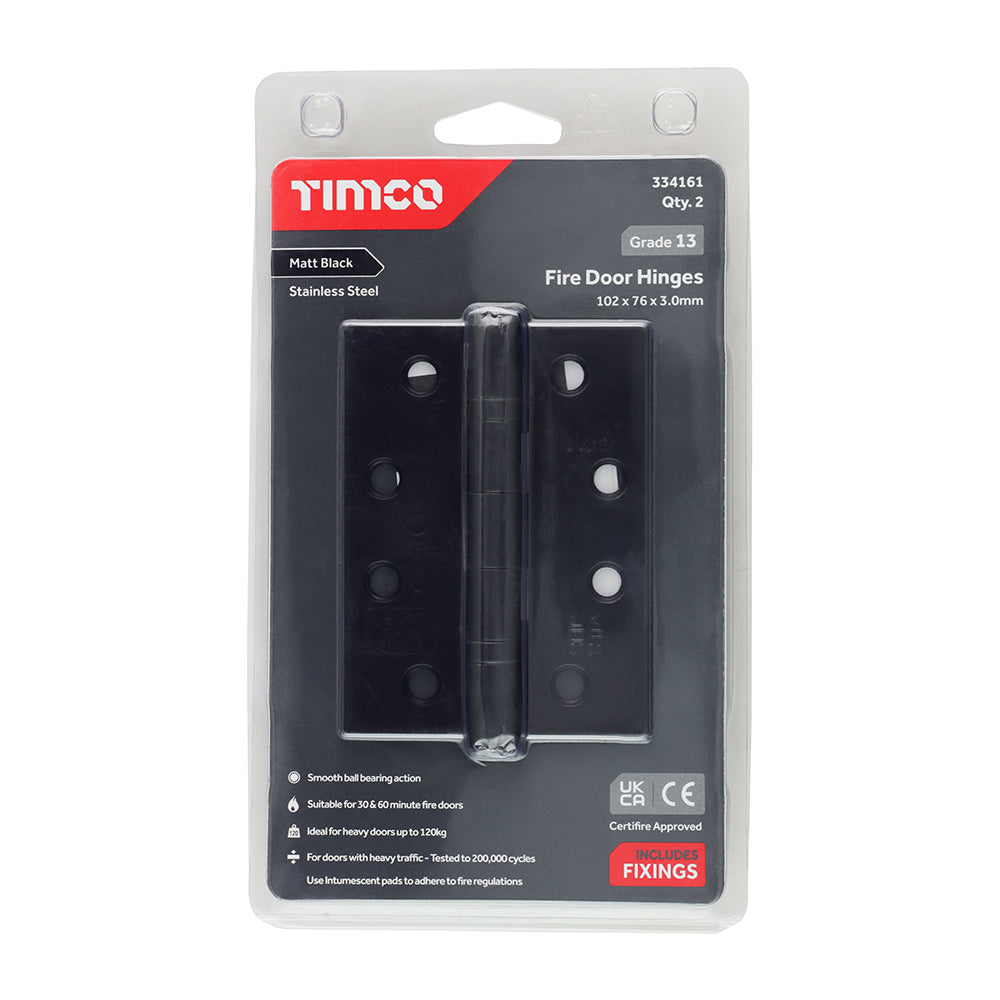 This is an image of Timco - Grade 13 Fire Door Hinges - Matt Black Stainless Steel 101 x 76 x 3 (1 Pairs Blister Pack) 334161