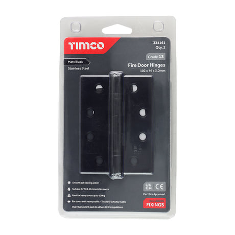 This is an image of Timco - Grade 13 Fire Door Hinges - Matt Black Stainless Steel 101 x 76 x 3 (1 Pairs Blister Pack) 334161
