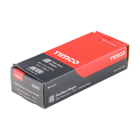 This is an image of Timco - Grade 13 Fire Door Hinges - Satin Stainless Steel 101 x 76 x 3 (1.5 Pairs Box) 334519