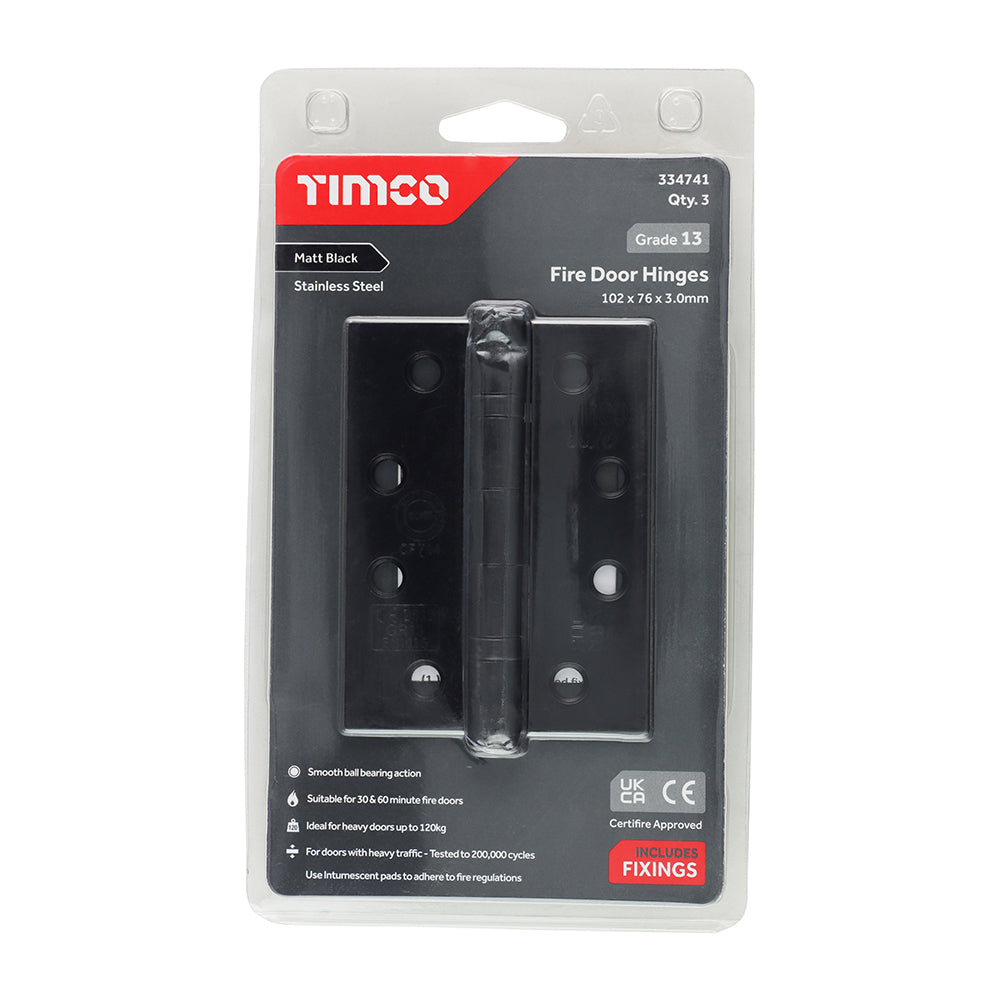 This is an image of Timco - Grade 13 Fire Door Hinges - Matt Black Stainless Steel 101 x 76 x 3 (1.5 Pairs Blister Pack) 334741