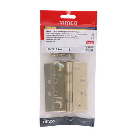 This is an image of Timco - Grade 11 Ball Bearing Fire Door Hinges - Electro Brass 101 x 76 x 2.6 (1 Pairs TIMbag) 334753P