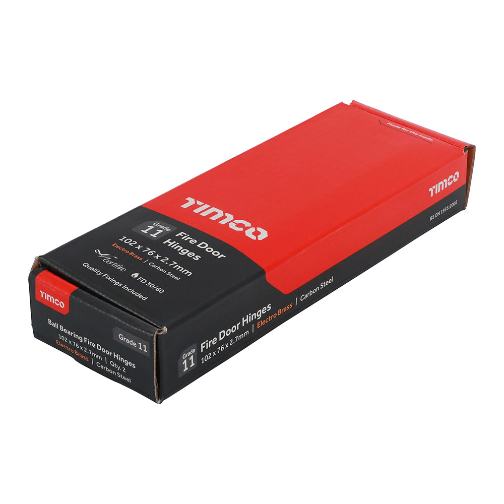 This is an image of Timco - Grade 11 Fire Door Hinges - Electro Brass 101 x 76 x 2.6 (1 Pairs Box) 334753