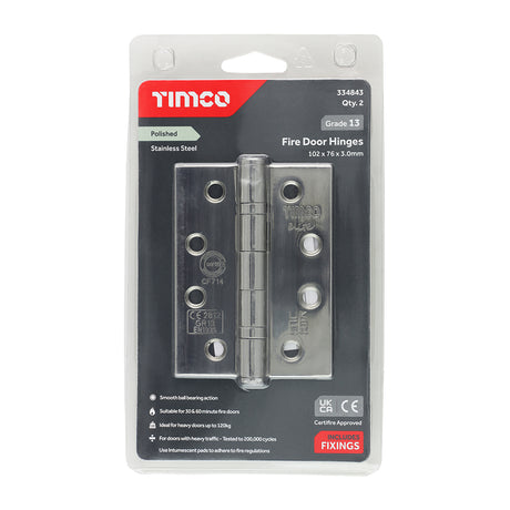 This is an image of Timco - Grade 13 Fire Door Hinges - Polished Stainless Steel 101 x 76 x 3 (1 Pairs Blister Pack) 334843