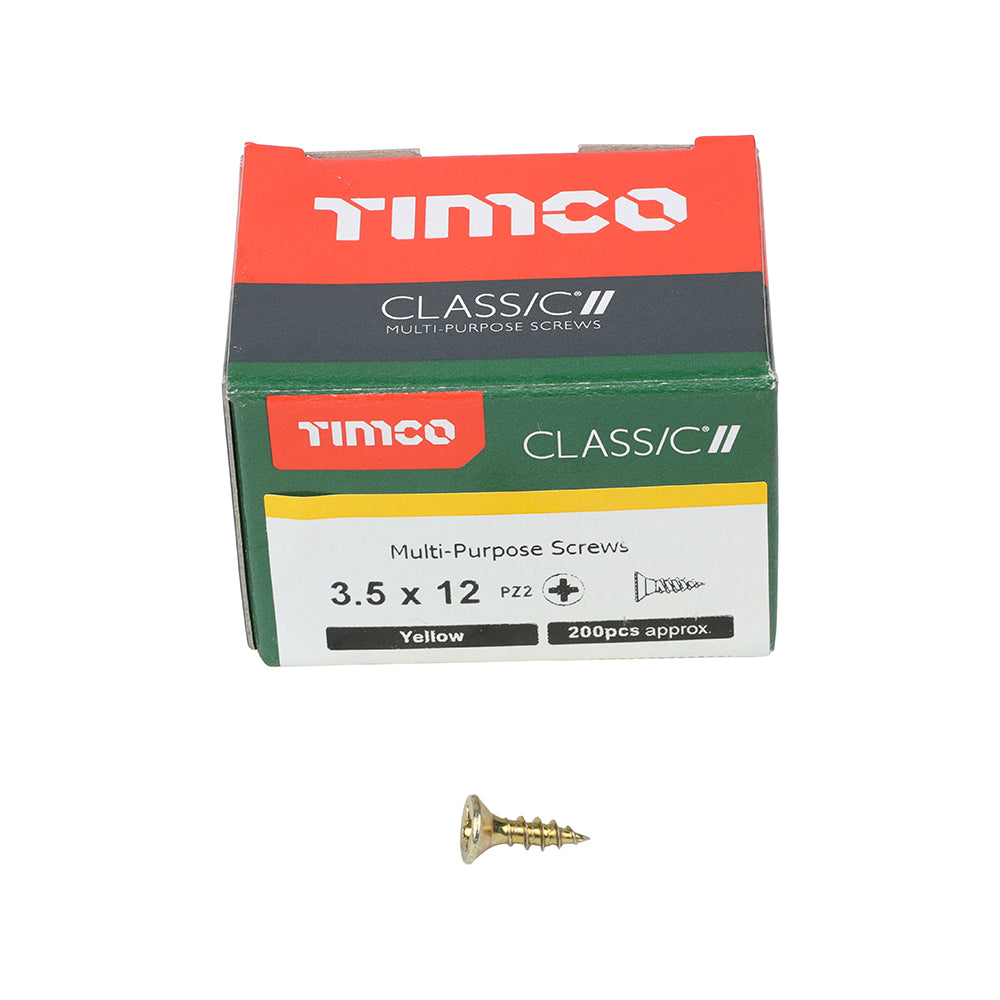 This is an image of Timco - Classic Multi-Purpose Screws - PZ - Double Countersunk - Yellow 3.5 x 12mm - (200 PCS Box) 35012CLAF