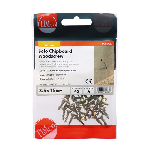 This is an image of Timco - Solo Woodscrews - PZ - Double Countersunk - Yellow 3.5 x 15mm - (45 PCS TIMpac) 35015CHYP