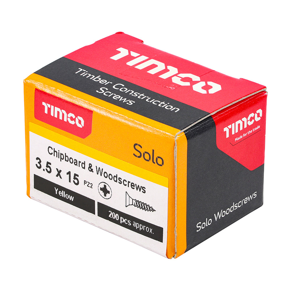This is an image of Timco - Solo Chipboard & Woodscrews - PZ - Double Countersunk - Yellow 3.5 x 15mm - (200 PCS Box) 35015SOLOC