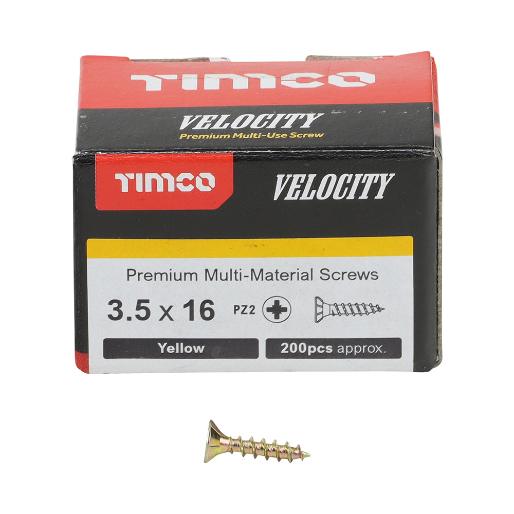This is an image of Timco - Velocity Premium Multi-Use Screws - PZ - Double Countersunk - Yellow 3.5 x 16mm - (200 PCS Box) 35016VY