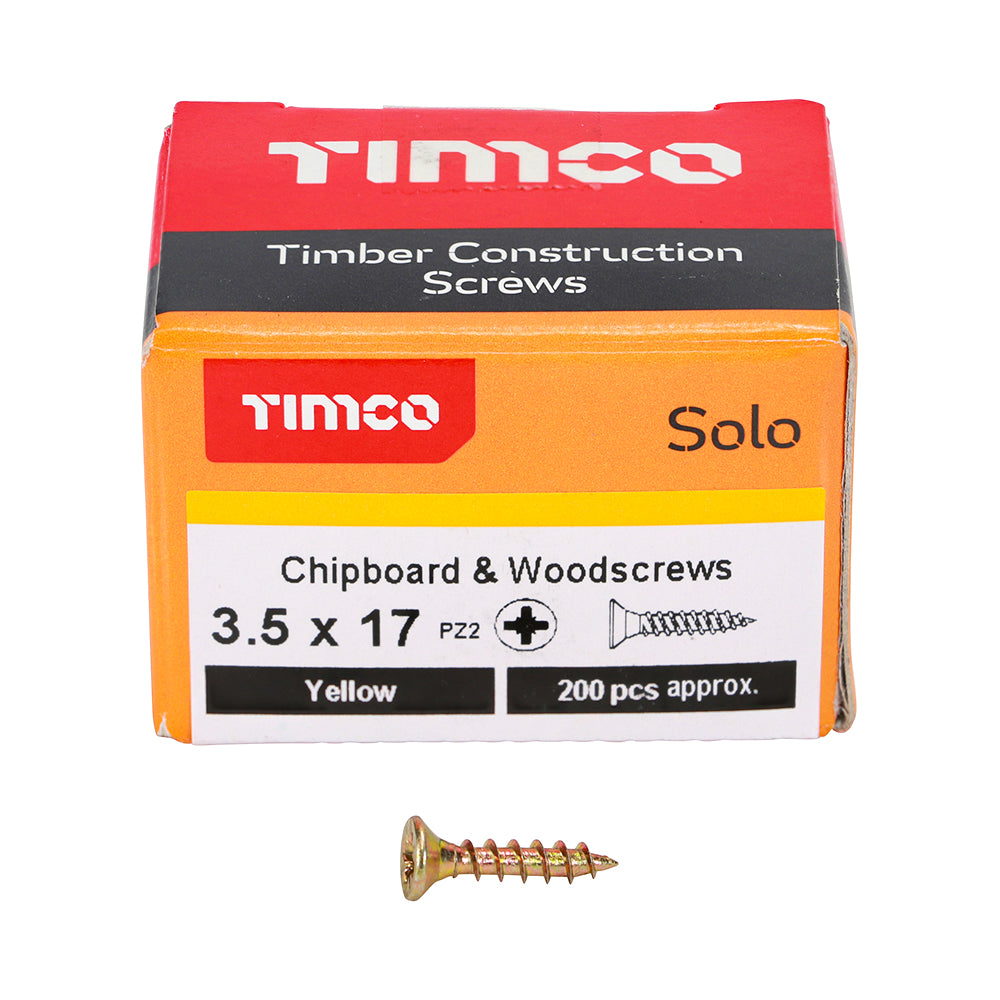 This is an image of Timco - Solo Chipboard & Woodscrews - PZ - Double Countersunk - Yellow 3.5 x 17mm - (200 PCS Box) 35017SOLOC