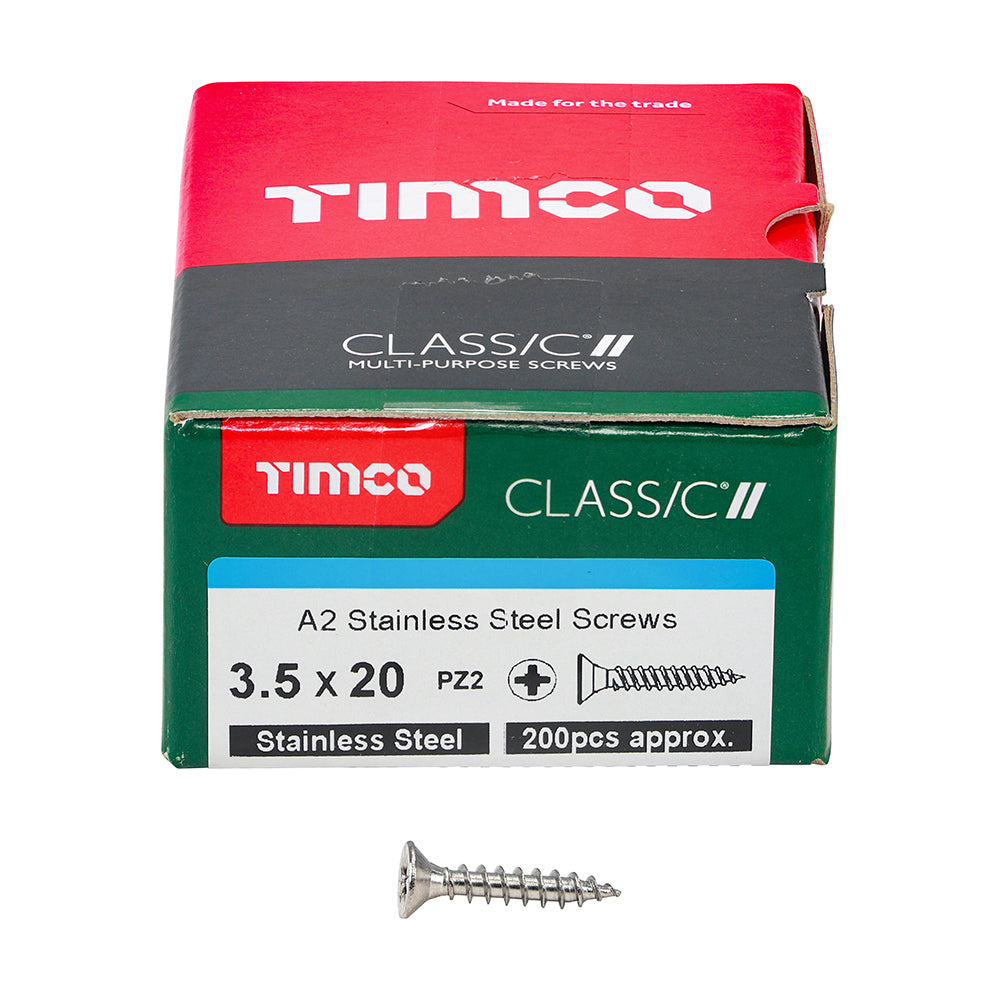 This is an image of Timco - Classic Multi-Purpose Screws - PZ - Double Countersunk - A2 Stainless Steel 3.5 x 20mm - (200 PCS Box) 35020CLASS