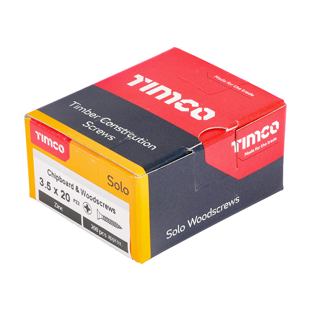 This is an image of Timco - Solo Chipboard & Woodscrews - PZ - Double Countersunk - Zinc 3.5 x 20mm - (200 PCS Box) 35020SOLOZ