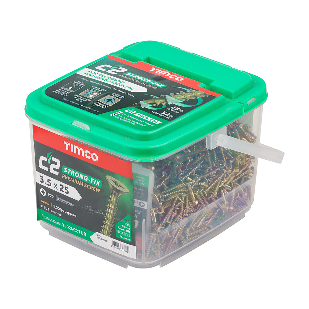 This is an image of Timco - C2 Strong-Fix Screws - PZ - Double Countersunk - Twin-Cut - Yellow 3.5 x 25mm - (2000 PCS Tub) 35025C2TUB