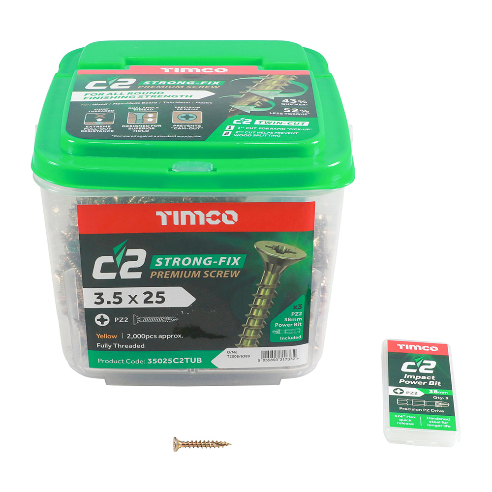 This is an image of Timco - C2 Strong-Fix Screws - PZ - Double Countersunk - Twin-Cut - Yellow 3.5 x 25mm - (2000 PCS Tub) 35025C2TUB
