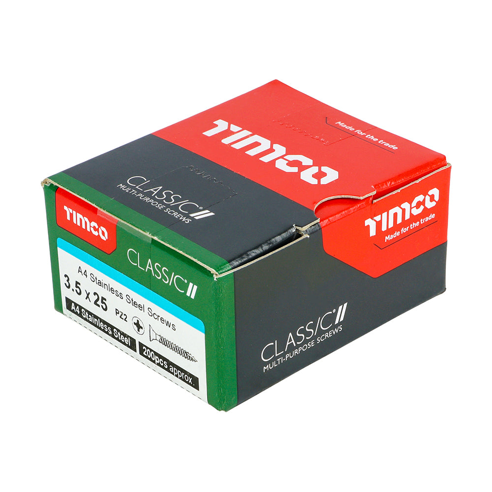 This is an image of Timco - Classic Multi-Purpose Screws - PZ - Double Countersunk - A4 Stainless Steel 3.5 x 25mm - (200 PCS Box) 35025CLA4