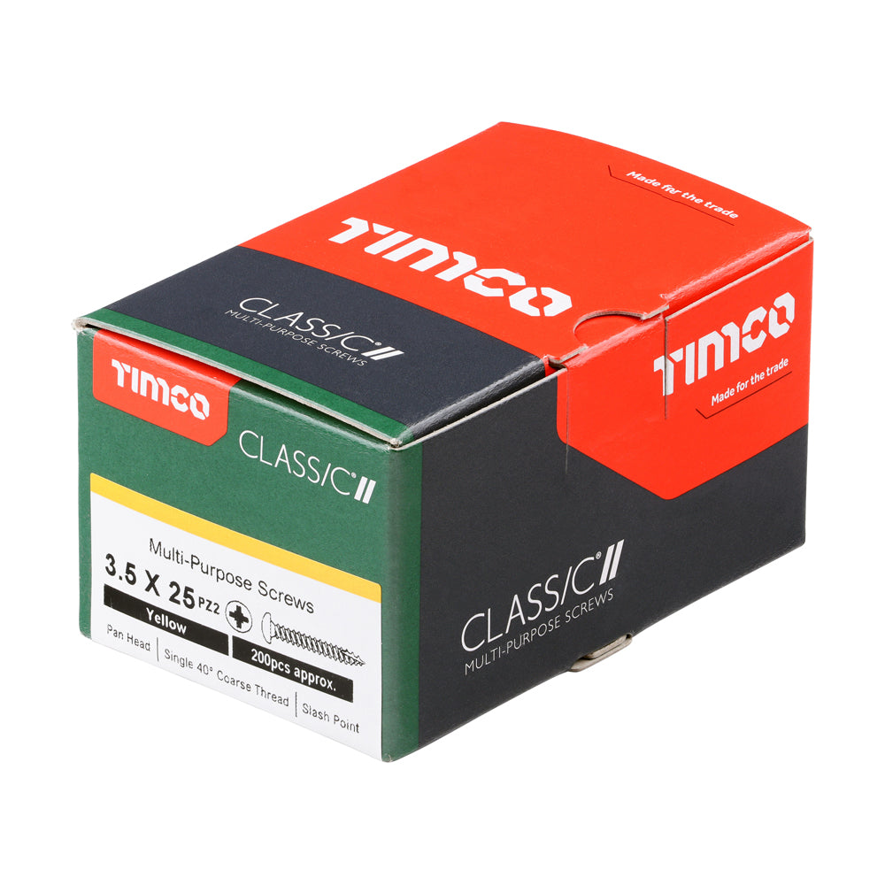 This is an image of Timco - Classic Multi-Purpose Screws - PZ - Pan Head - Yellow 3.5 x 25mm - (200 PCS Box) 35025CLAP