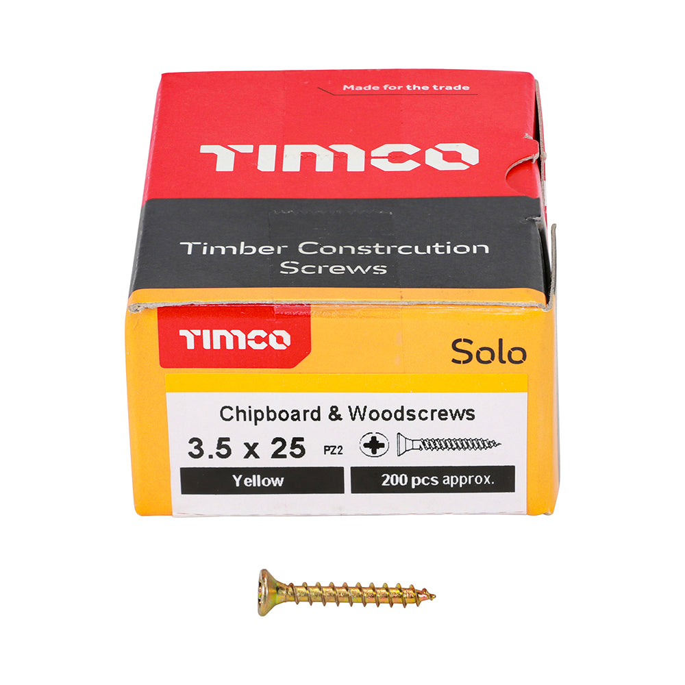 This is an image of Timco - Solo Chipboard & Woodscrews - PZ - Double Countersunk - Yellow 3.5 x 25mm - (200 PCS Box) 35025SOLOC