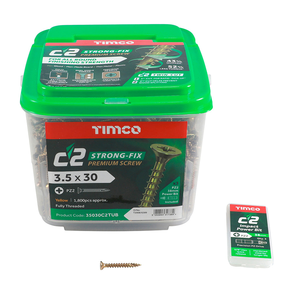 This is an image of Timco - C2 Strong-Fix Screws - PZ - Double Countersunk - Twin-Cut - Yellow 3.5 x 30mm - (1800 PCS Tub) 35030C2TUB