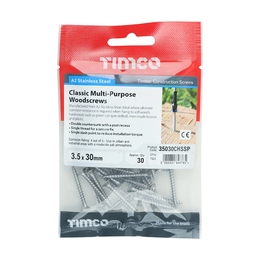 This is an image of Timco - Classic Multi-Purpose Screws - PZ - Double Countersunk - Stainless Steel 3.5 x 30mm - (30 PCS TIMpac) 35030CHSSP