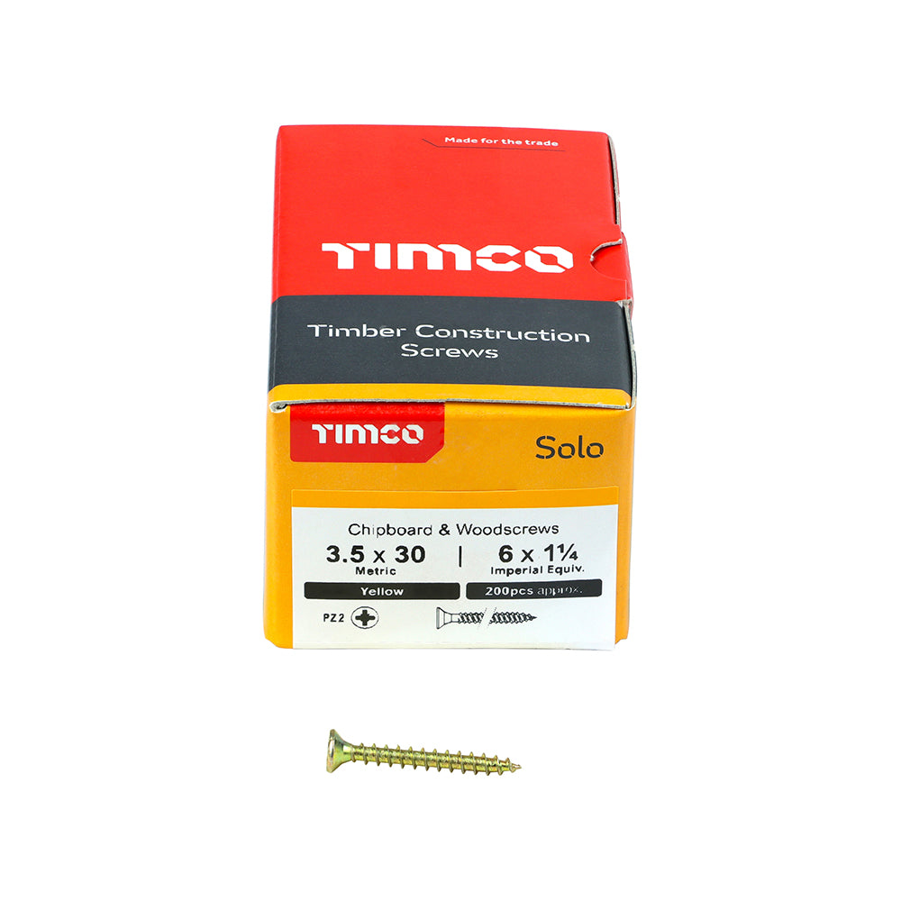 This is an image of Timco - Solo Chipboard & Woodscrews - PZ - Double Countersunk - Yellow 3.5 x 30mm - (200 PCS Box) 35030SOLOC