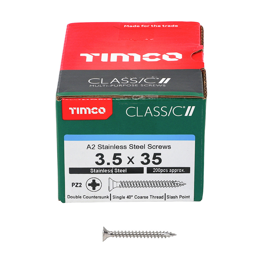This is an image of Timco - Classic Multi-Purpose Screws - PZ - Double Countersunk - A2 Stainless Steel 3.5 x 35mm - (200 PCS Box) 35035CLASS