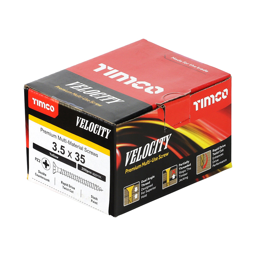 This is an image of Timco - Velocity Premium Multi-Use Screws - PZ - Double Countersunk - Yellow 3.5 x 35mm - (200 PCS Box) 35035VY