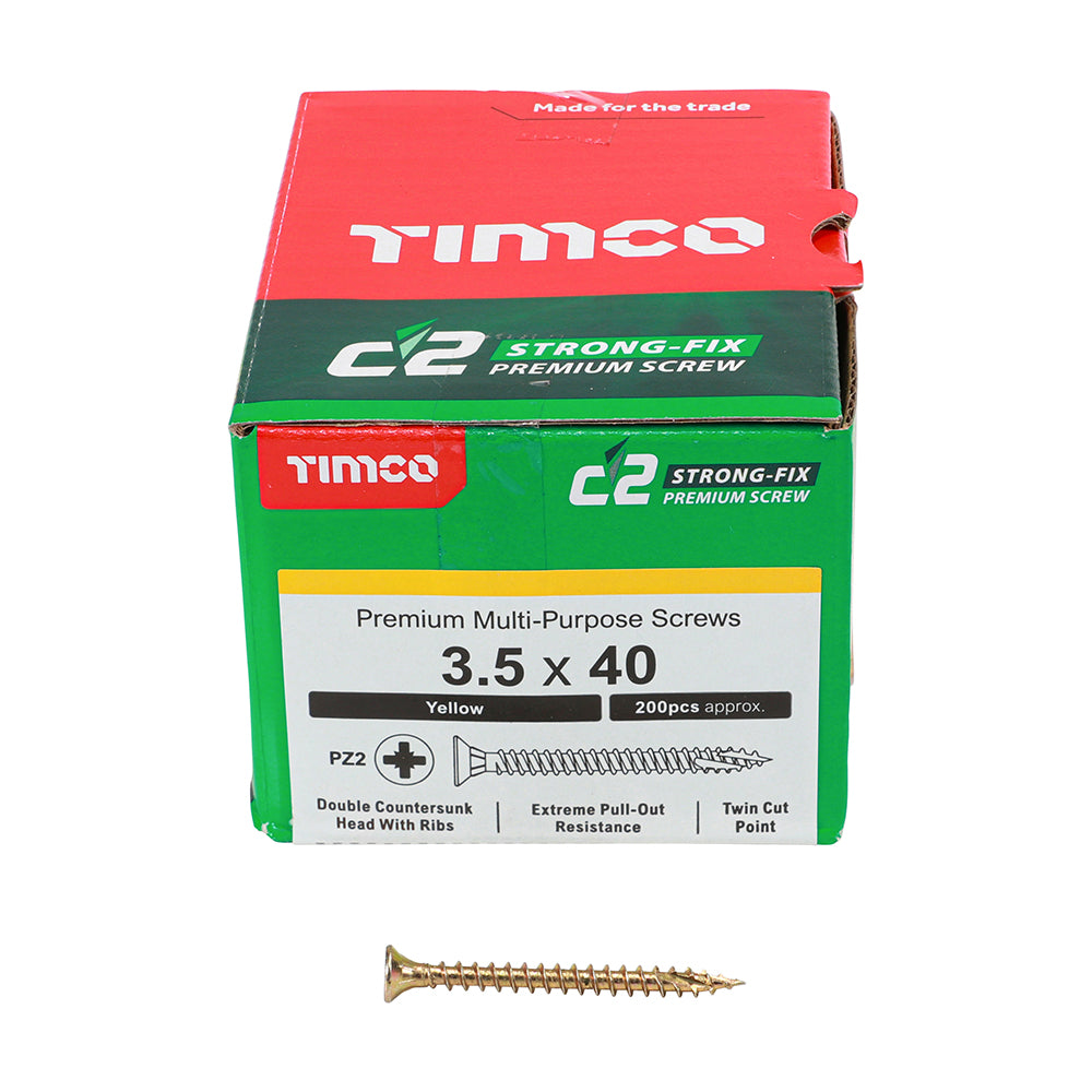 This is an image of Timco - C2 Strong-Fix Screws - PZ - Double Countersunk - Twin-Cut - Yellow 3.5 x 40mm - (200 PCS Box) 35040C2