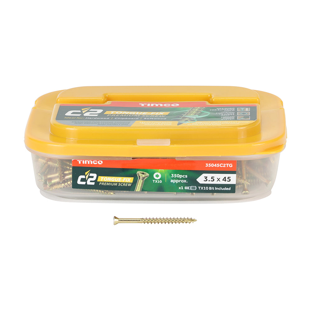 This is an image of Timco - C2 Tongue-Fix Screws - TX - Reduced Countersunk - Twin-Cut - Yellow 3.5 x 45mm - (350 PCS Tub) 35045C2TG