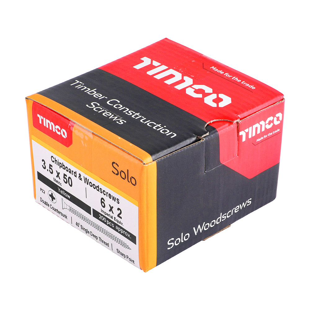 This is an image of Timco - Solo Chipboard & Woodscrews - PZ - Double Countersunk - Yellow 3.5 x 50mm - (200 PCS Box) 35050SOLOC