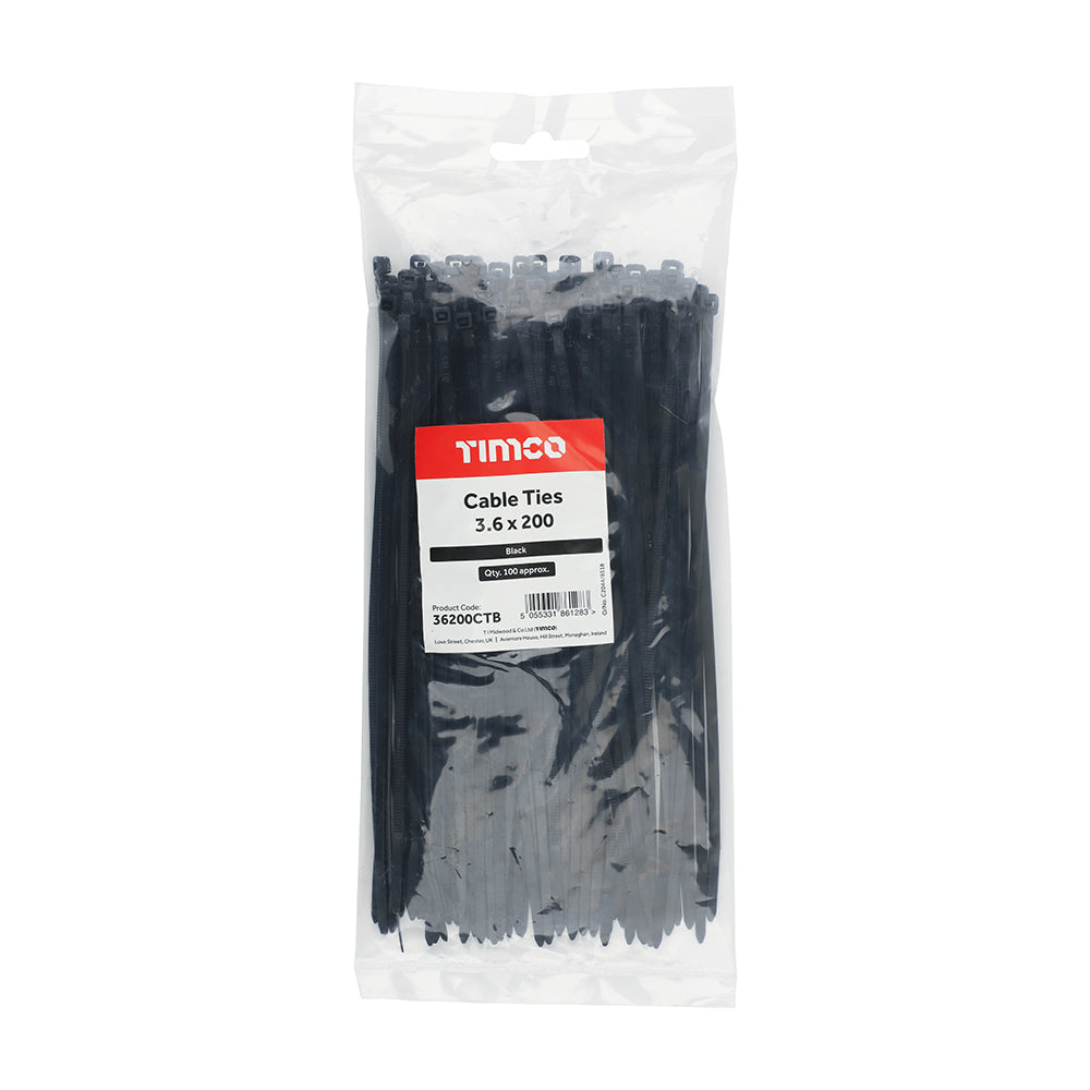 This is an image of Timco - Cable Ties - Black 3.6 x 200mm - (100 PCS Bag) 36200CTB