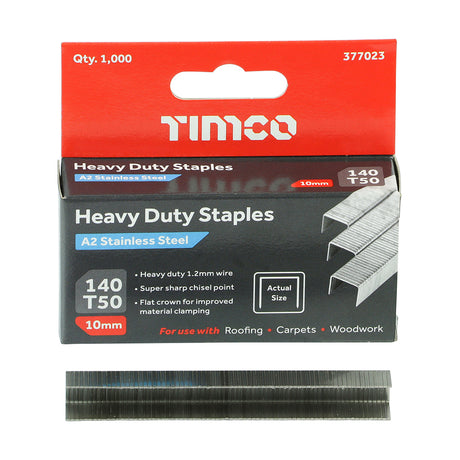 This is an image of Timco - Heavy Duty Staples - Chisel Point - A2 Stainless Steel 10mm (1000 PCS Box) 377023