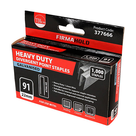 This is an image of Timco - Heavy Duty Staples - Divergent Point - Galvanised 22mm (1000 PCS Box) 377666