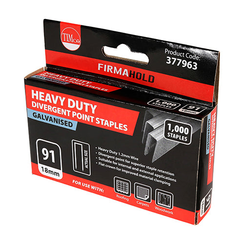 This is an image of Timco - Heavy Duty Staples - Divergent Point - Galvanised 18mm (1000 PCS Box) 377963