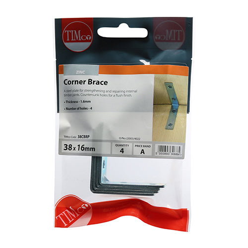This is an image of Timco - Corner Braces - Zinc 38 x 38 x 16mm - (4 PCS TIMpac) 38CBRP