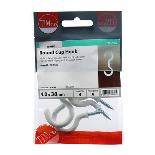 This is an image of Timco - Cup Hooks - Round - White 38mm (4 Pieces TIMpac) 38SHWP