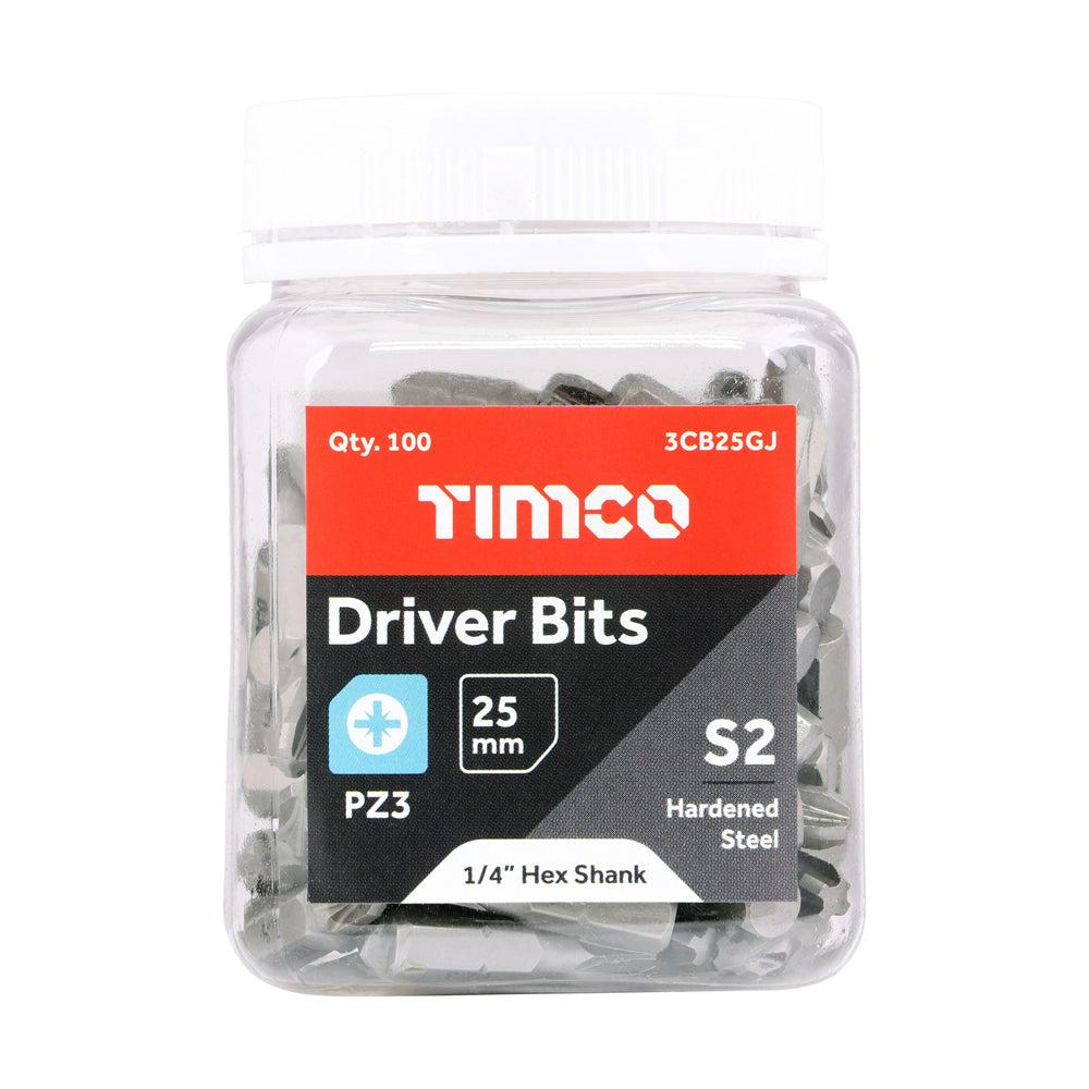 This is an image of Timco - S2 Driver Bits - PZ No.3 x 25 (100 Pieces Small Jar) 3CB25GJ